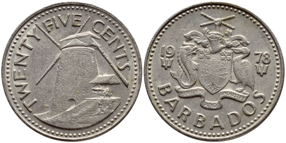 Барбадос 25 центов 1978 ветряная мельница Моргана Льюиса KM 13 медно-никель 4398-352