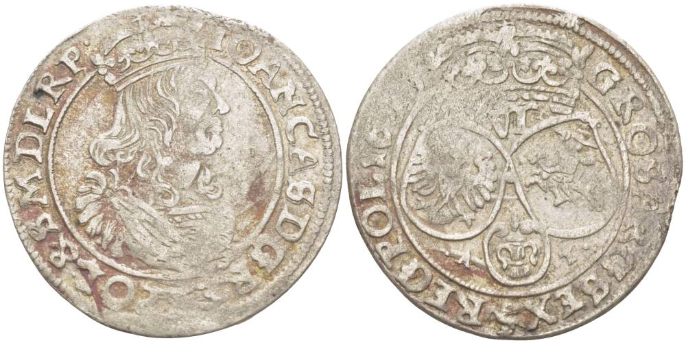 Польша 6 грошей (шостак) 1665 A-T, Ян II Казимир (1648-1668), вес 3,28 гр., легенда (IOAN CAS) KM 91, Kopinski 114.6a серебро 1517-931