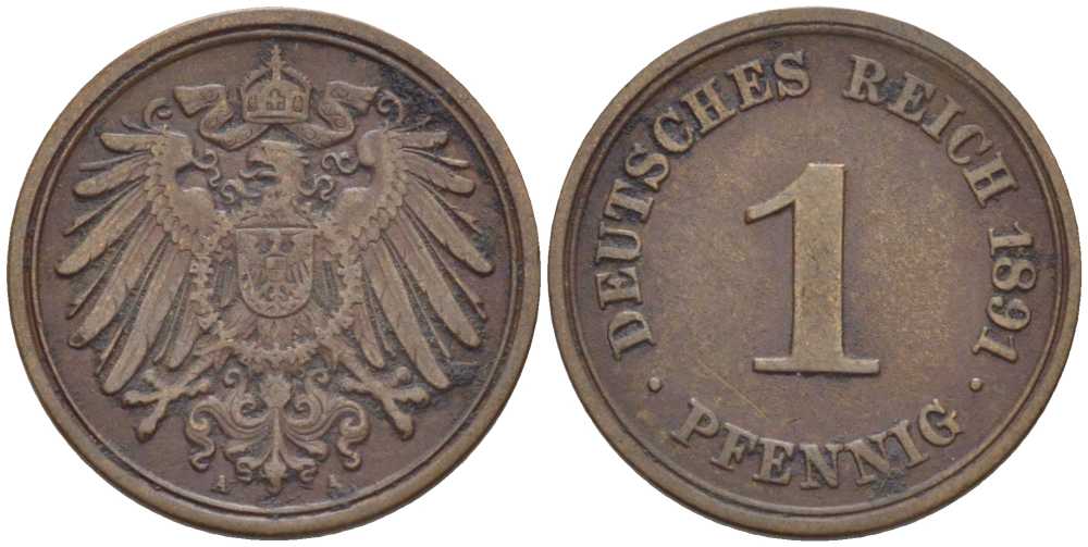 ГЕРМАНИЯ 1 ПФЕННИГ 1891 A KM 10, J. 10, Weege 2 медь 211-141