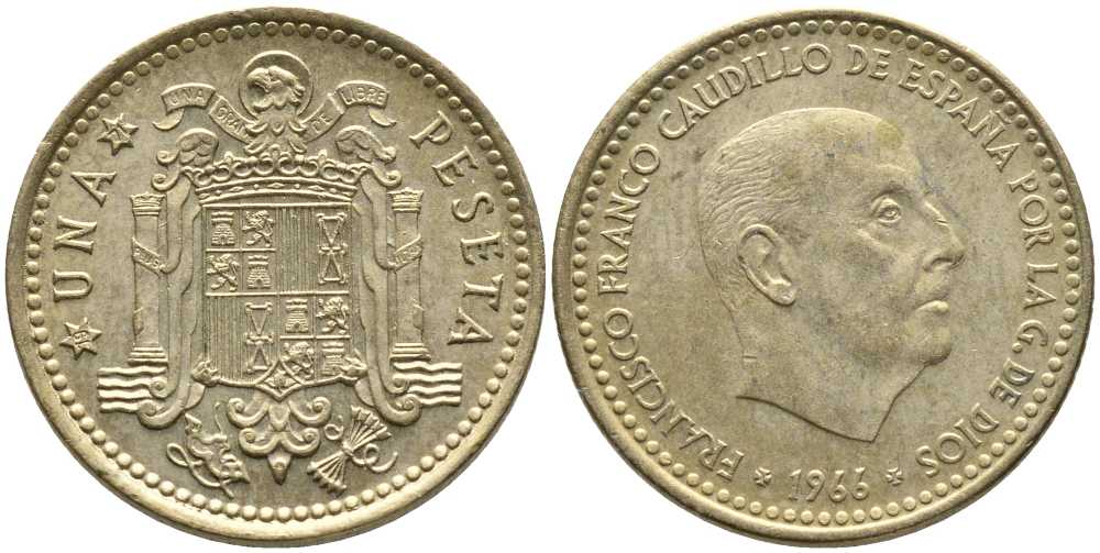 ИСПАНИЯ 1 ПЕСЕТА 1966 (71) ФРАНСИСКО ФРАНКО ДИКТАТОР ИСПАНИИ (1939-1975) KM 796 алюминиевая бронза 110-1237