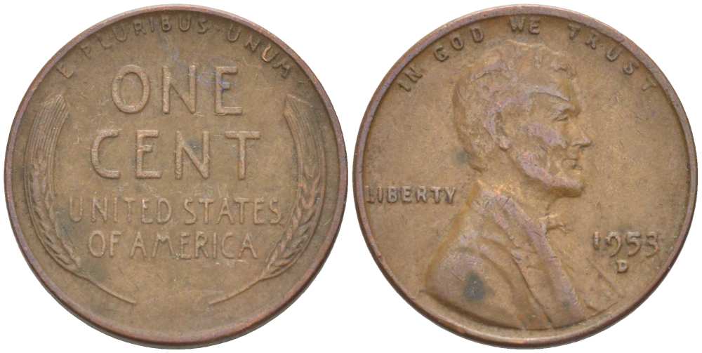 США 1 ЦЕНТ 1953 D, ЛИНКОЛЬН KM А132 медь цинк 3309-1135