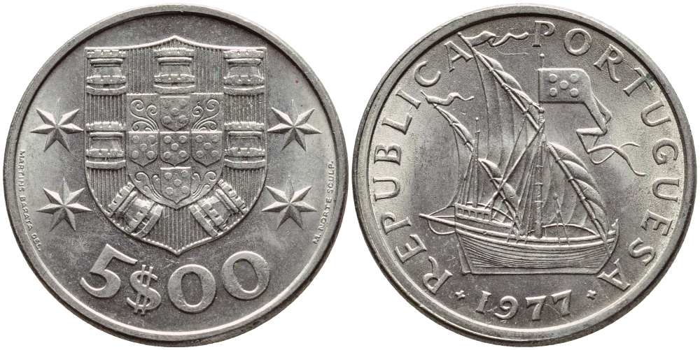 ПОРТУГАЛИЯ 5 ЭСКУДО 1977 ПАРУСНИК KM 591 медно-никель UNC 4395-912