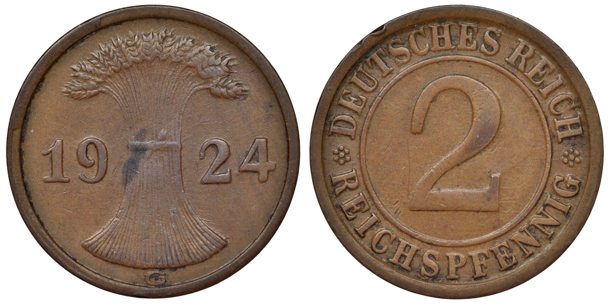 Германия 2 рейхспфеннига 1924 G KM 38, J. 314, Weege 4 бронза 4121-555