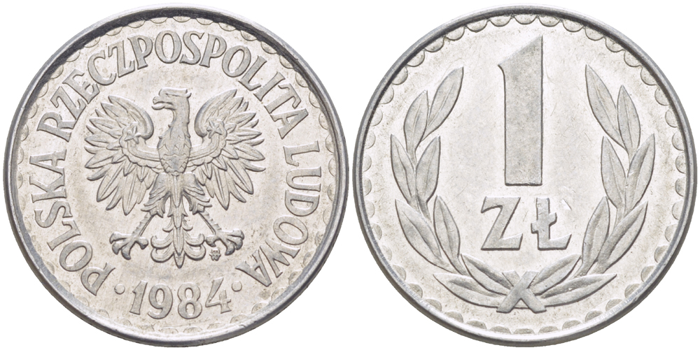 ПОЛЬША 1 ЗЛОТЫЙ 1984 MW KM 49.1, Parchimowicz 213w алюминий 216-841