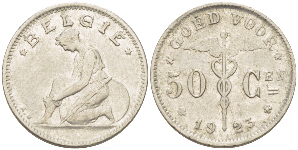 БЕЛЬГИЯ 50 САНТИМОВ 1923 BELGIE KM 88 никель 261-1654