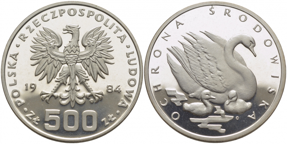 Польша 500 злотых 1984 MW, серия охрана окружающей среды, лебедь KM 154, Parchimowicz 322 серебро PROOF 1076-10-33