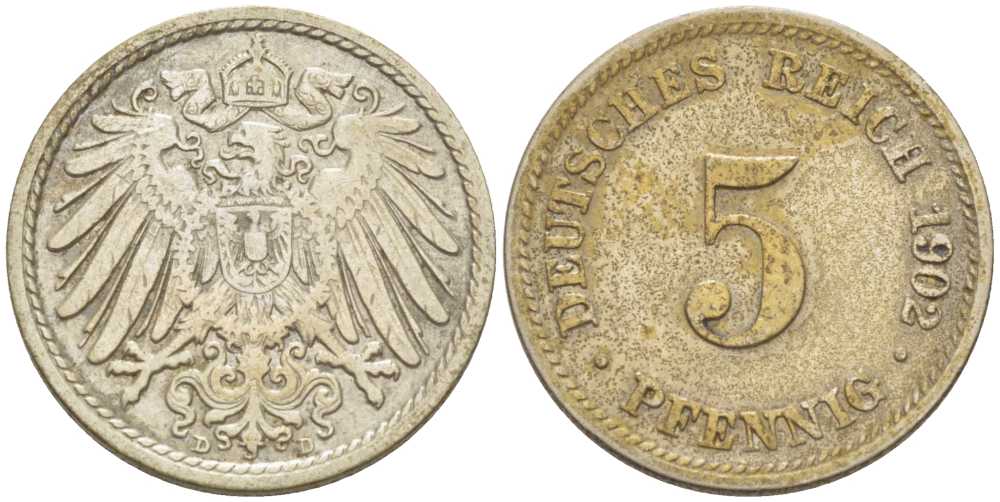 ГЕРМАНИЯ 5 ПФЕННИГОВ 1902 D KM 11, J. 12, Weege 6 медно-никель 206-933