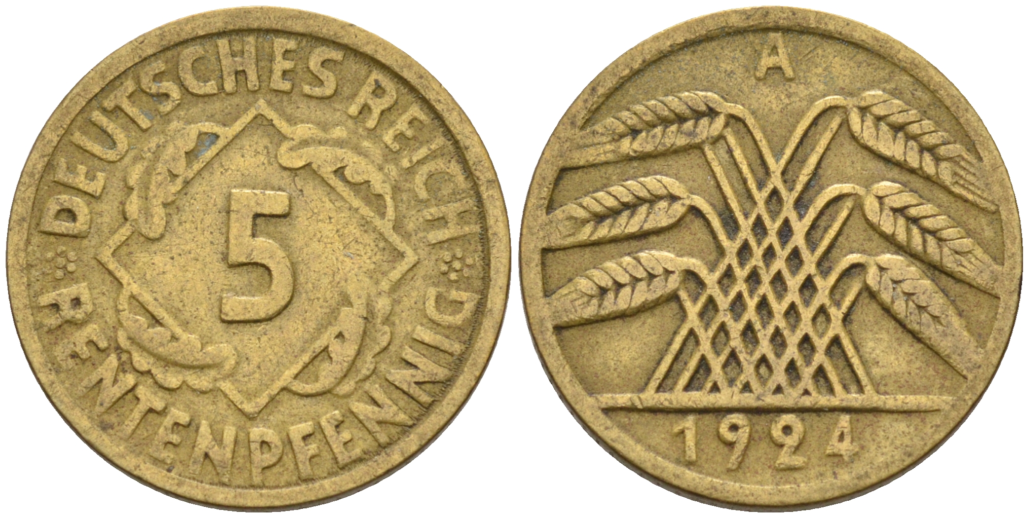 Германия 5 рентенпфеннигов 1924 А KM 32, J. 308 алюминиевая бронза    4594-1118