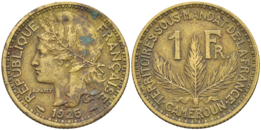 Французский Камерун 1 франк 1925 (а), монетный двор Париж KM 2 алюминиевая бронза 51-5133