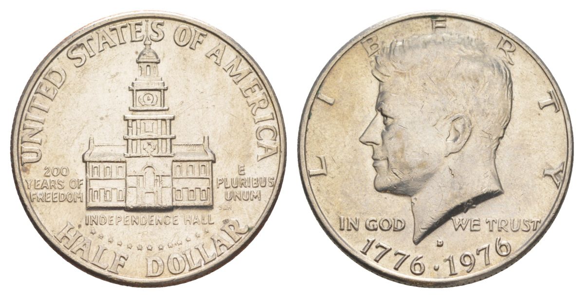 США 1/2 доллара (50 центов) 1976 D, 200 лет независимости, Джон Кеннеди KM 205 медь плакированная медно-никелем aUNC 4545-1232