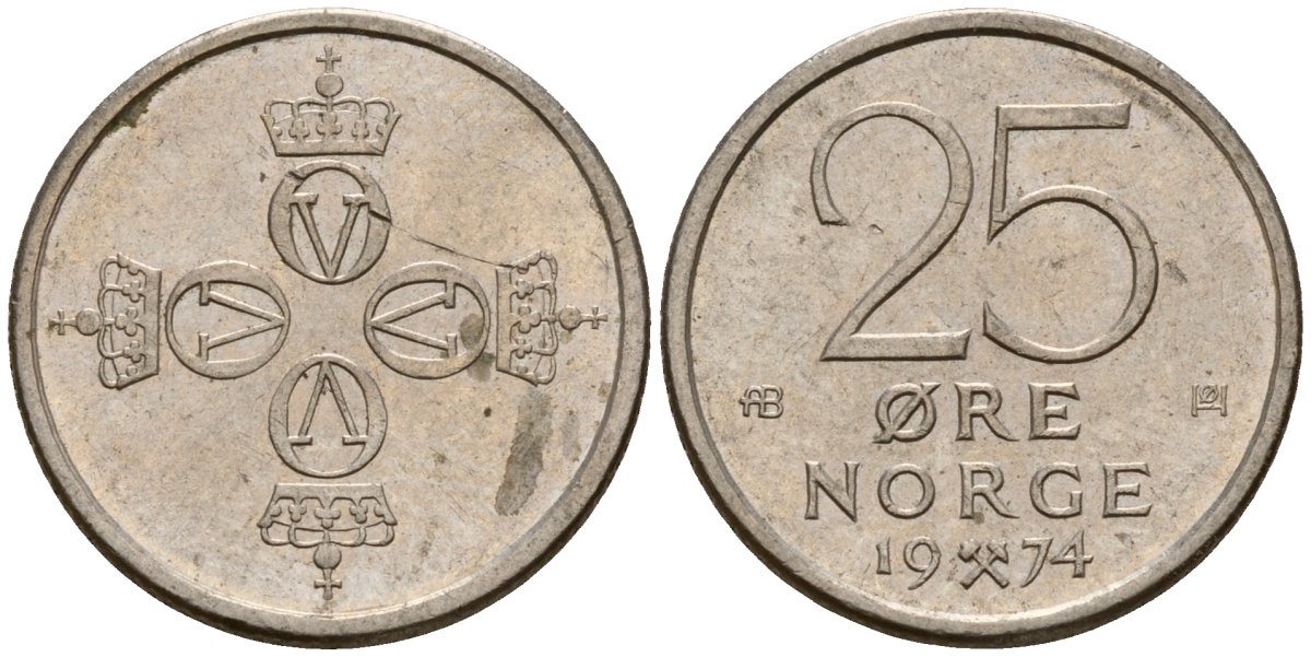 Норвегия 25 эре 1974 Улаф V (1958 - 1991) KM 417 медно-никель 4154-816