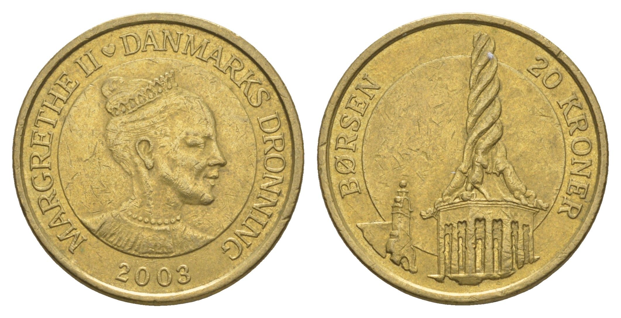 Дания 20 крон 2003 Башня Фондовой биржи Борсен, Копенгаген KM 890 алюминиевая бронза UNC 4657-1244