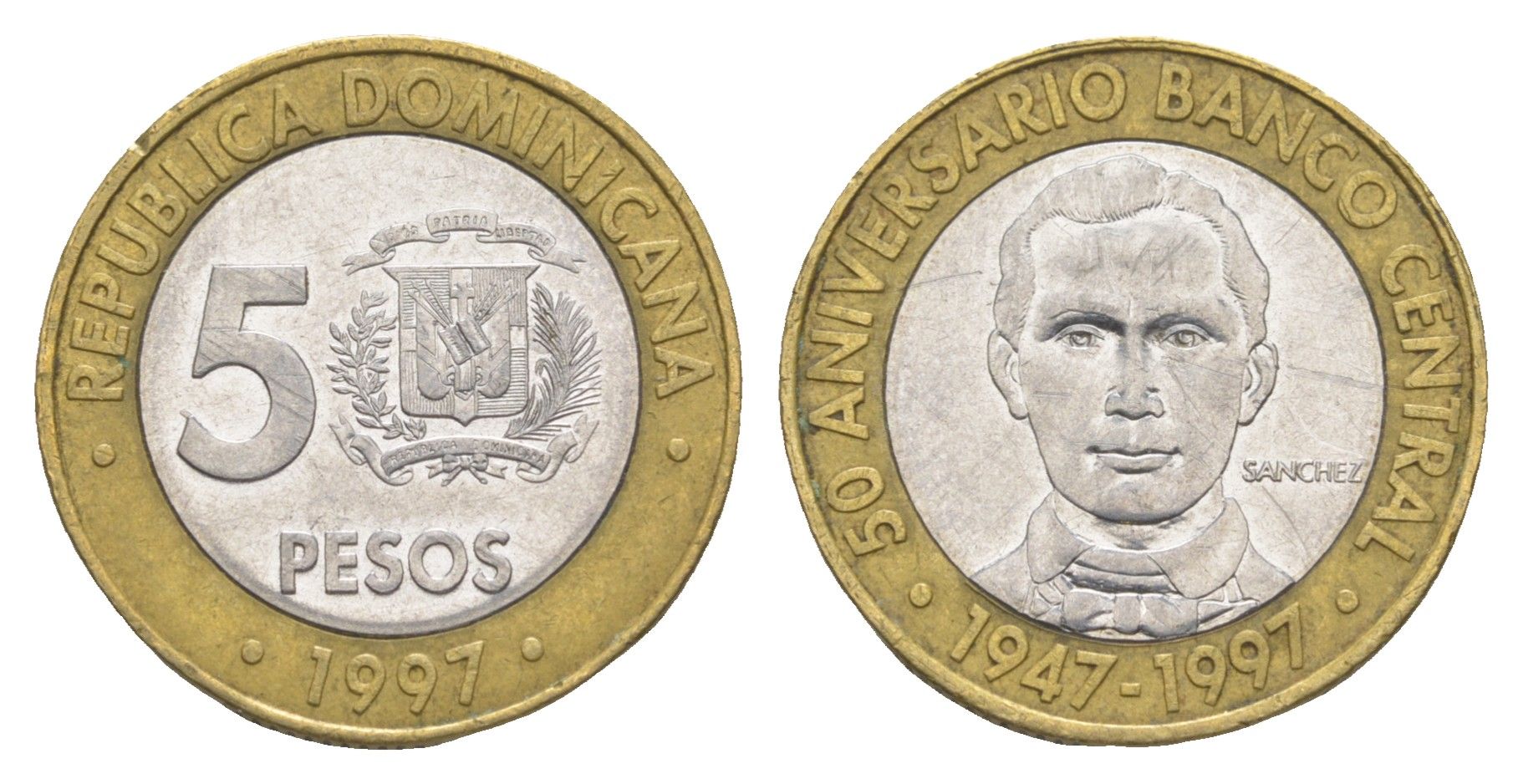 Доминиканская Республика (Доминикана) 5 песо 1997 50 лет Центробанку KM 88 биметалл 4638-257