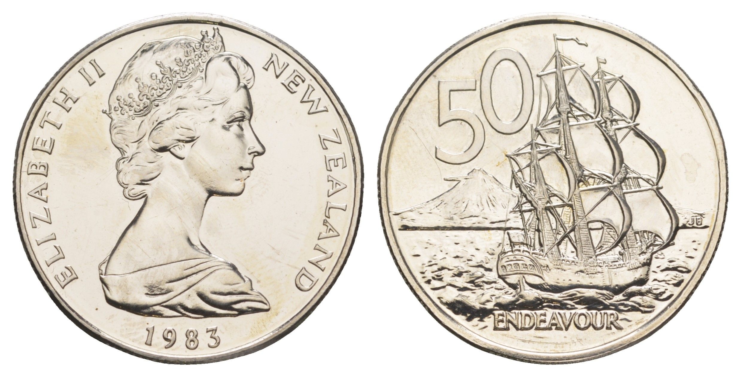 Новая Зеландия 50 центов 1983 Елизавета II (1952-2022), парусник Индевор, тираж 25.000 экземпляров KM 37 медно-никель BU 189-912