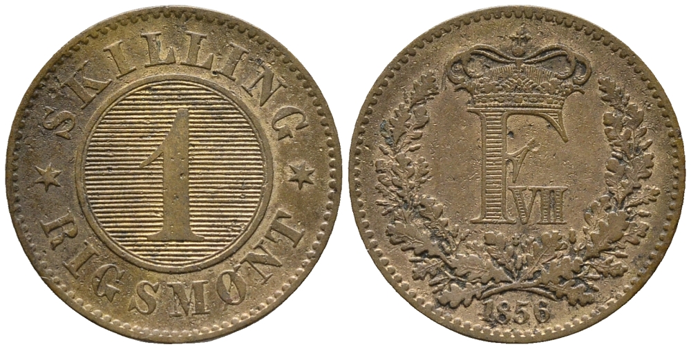 ДАНИЯ 1 СКИЛЛИНГ 1856 ФРЕДЕРИК VII (1848-1863) KM 763 (C135) бронза 67-223