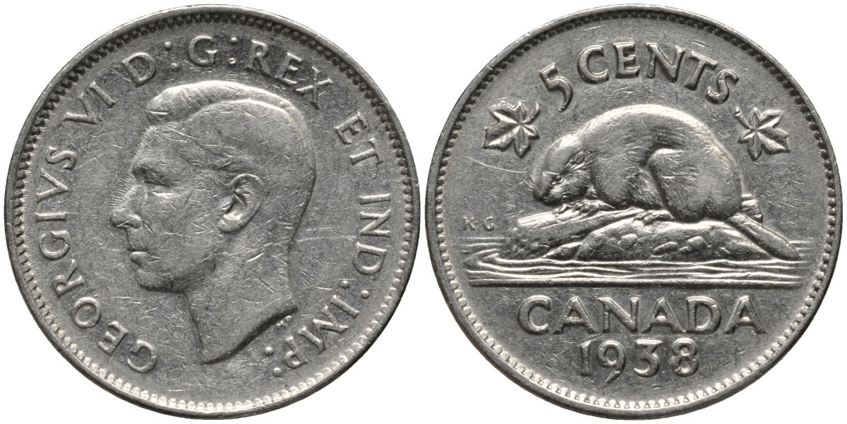 Канада 5 центов 1938 бобр, Георг VI (1937-1952) KM 33 никель 4577-851