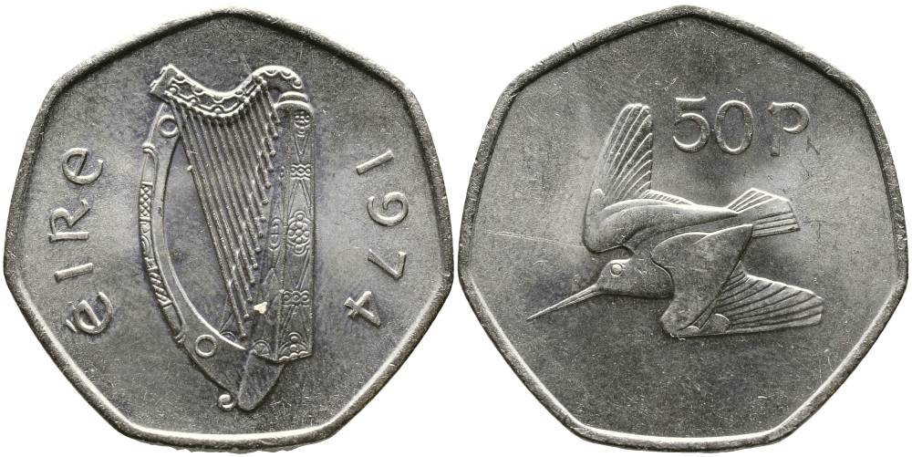 ИРЛАНДИЯ 50 ПЕНСОВ 1974 ВАЛЬДШНЕП KM 24 медно-никель 4531-743