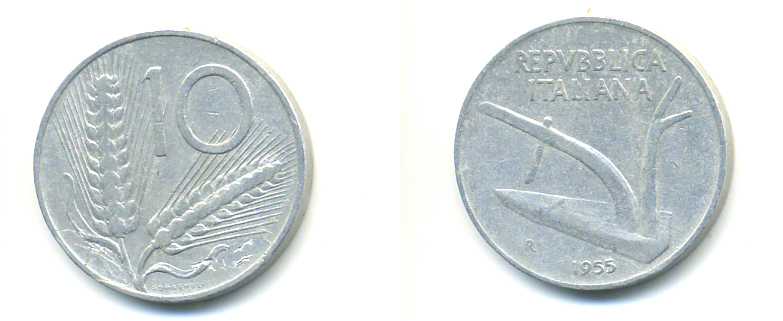 ИТАЛИЯ 10 ЛИР 1955 R, КОЛОСЬЯ, ПЛУГ KM 93 алюминий 80-213