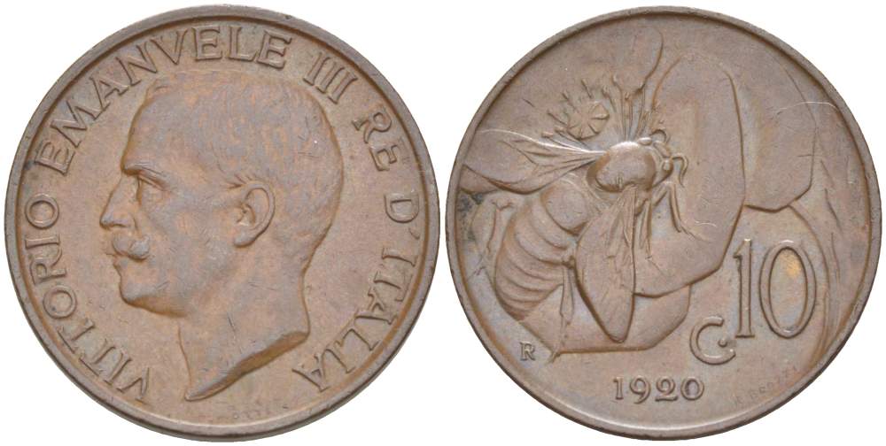 ИТАЛИЯ 10 ЧЕНТЕЗИМО 1920 R, МОНДВОР РИМ, ВИКТОР ЭММАНУИЛ III (1900-1946) KM 60 медь 4525-223