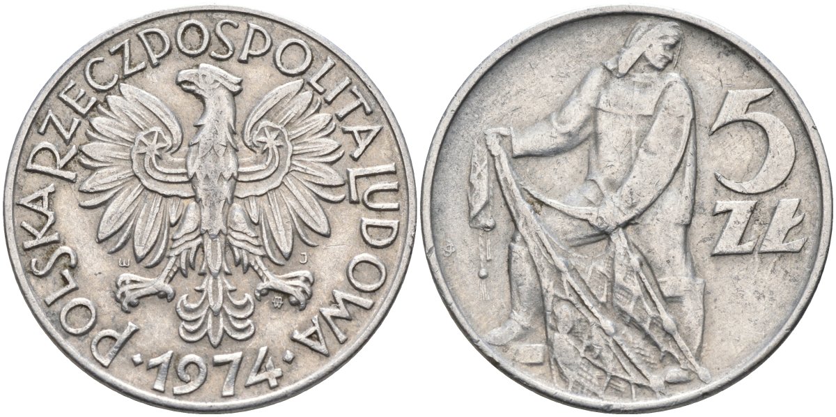 Польша 5 злотых 1974 MW, рыбак KM 47, Parchimowicz 220f алюминий 75-341