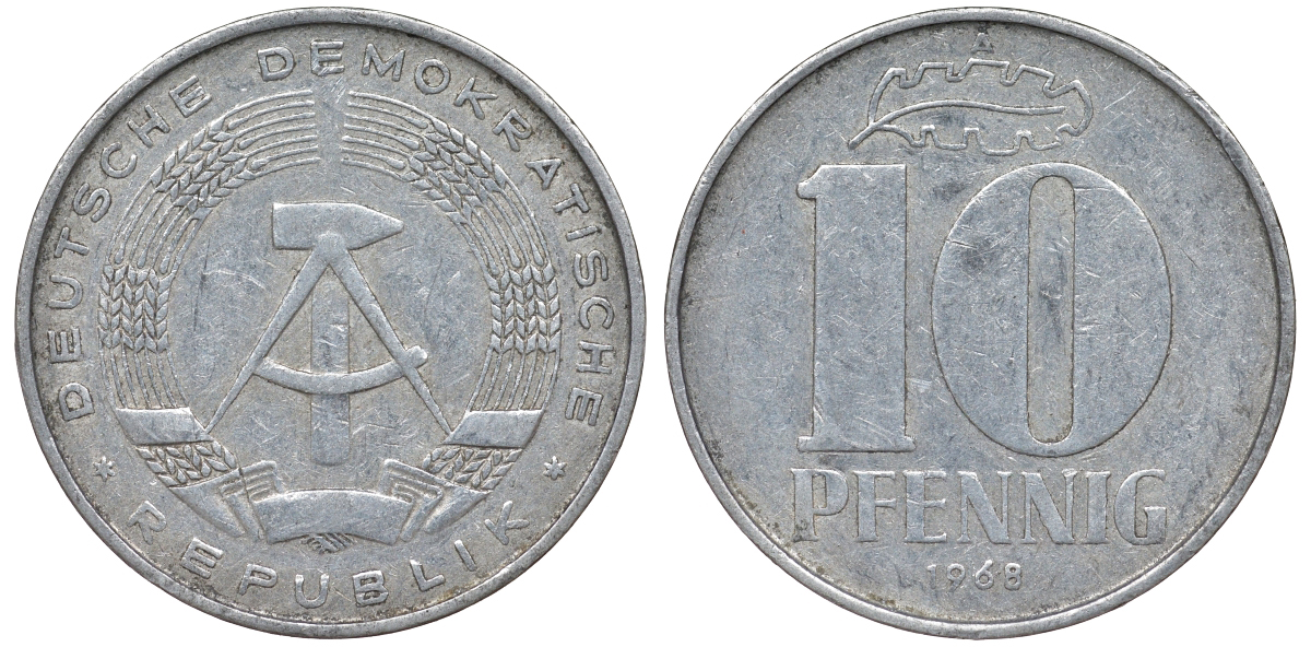 ГДР 10 пфеннигов 1968 A KM 10 алюминий 62-745