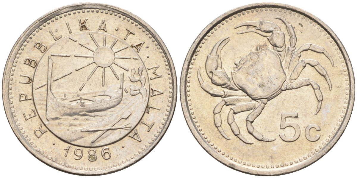 Мальта 5 центов 1986 краб KM 77 медно-никель 4396-1231