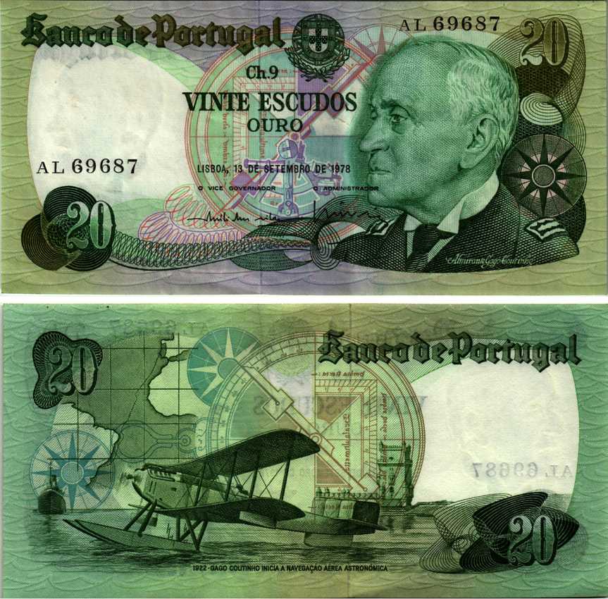 ПОРТУГАЛИЯ 20 ЭСКУДО 1978 13 СЕНТЯБРЯ 1978, АДМИРАЛ ГАГУ КУТИНЬО, САМОЛЕТ, АЭРОПЛАН Pick 176а бумага 6281-2-3-1