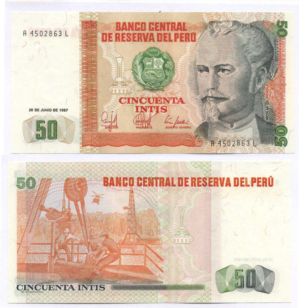 Перу 50 инти 1987 Николас де Пьерола, президент Pick 131 b бумага UNC (пресс) 8595-19-1-1