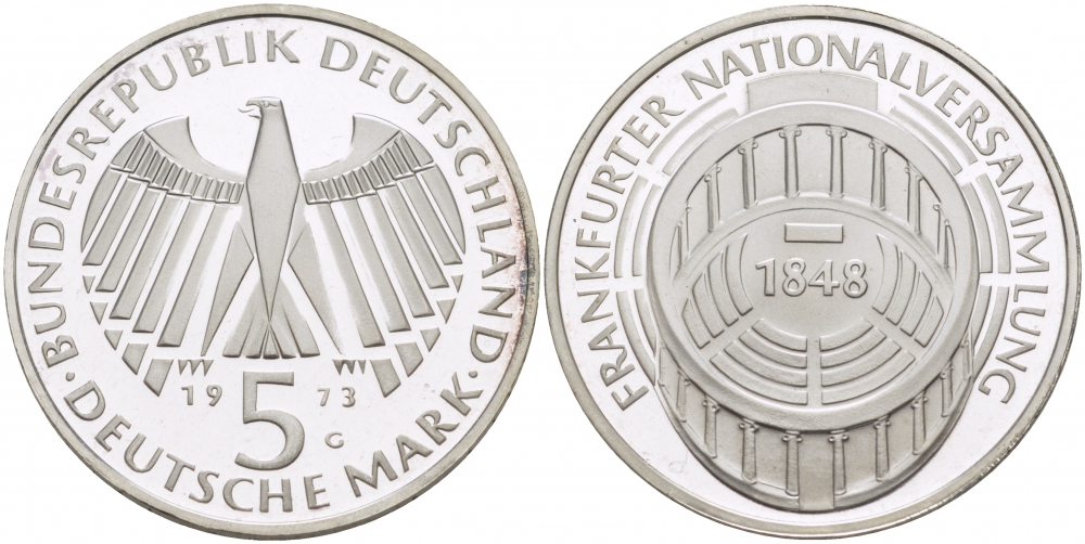 ФРГ 5 марок 1973 G, 125 лет Франкфуртскому парламенту J. 412, KM 137 серебро PROOF 650-1322