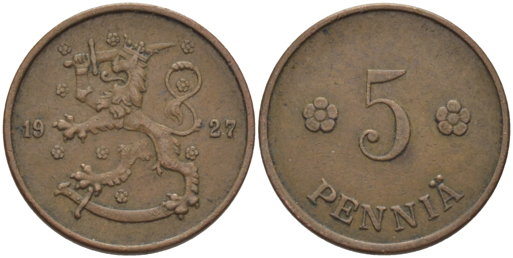 ФИНЛЯНДИЯ 5 ПЕННИ 1927 KM 22 медь 100-156