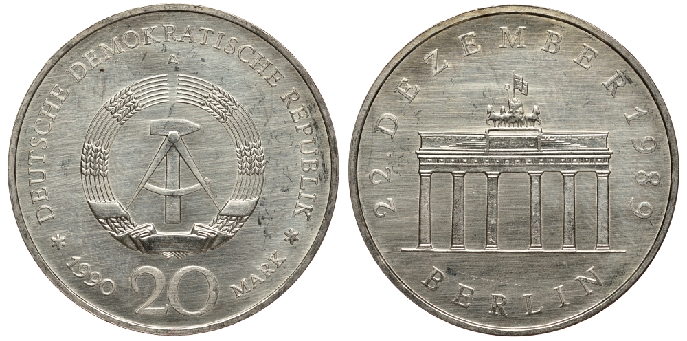 ГДР 20 марок 1990 A, открытие Бранденбургских ворот KM 139a серебро 413-2913