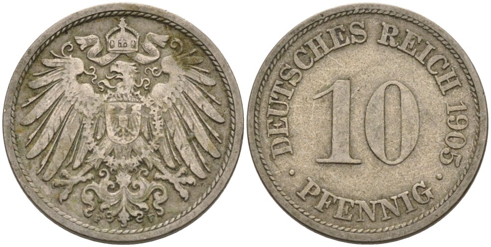 Германия 10 пфеннигов 1905 F KM 12, J. 13 медно-никель 4575-611
