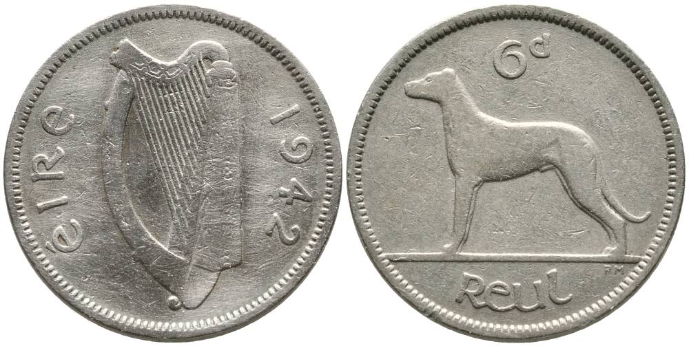 ИРЛАНДИЯ 6 ПЕНСОВ 1942 ИРЛАНДСКИЙ ВОЛКОДАВ KM 13а медно-никель 4525-1136