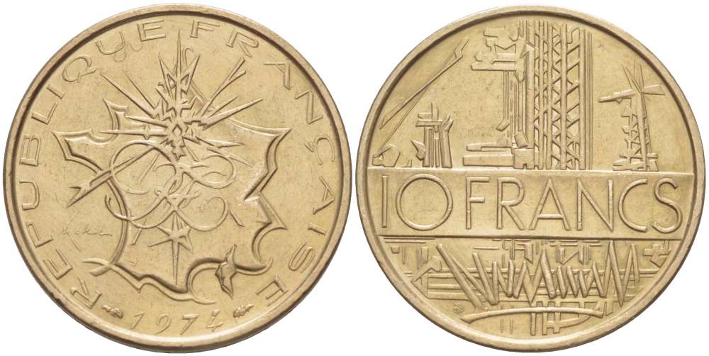 Франция 10 франков 1974 тип Матье KM 940, Le Franc 365.3-4 никель латунь 4519-845