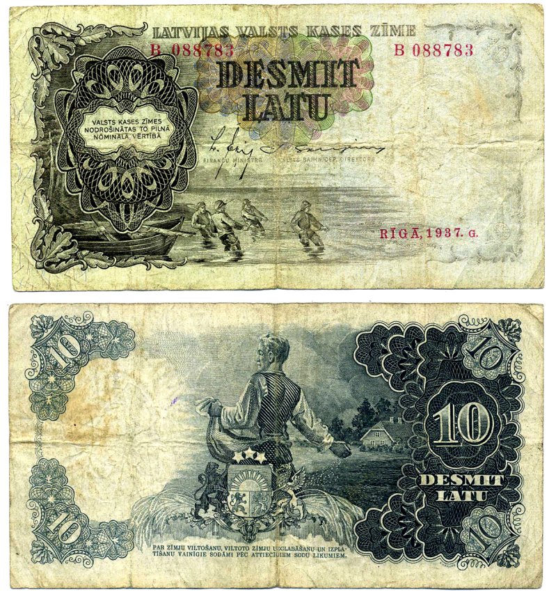 Латвия 10 латов 1937 ловля рыбы, сев полей Pick 29 a бумага 8616-7-2-1