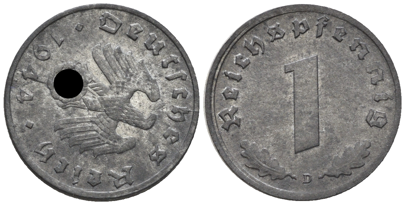 Германия 1 рейхспфенниг 1944 D, редкий брак, поворот аверса к реверсу на 50 градусов J. 369, KM 97 цинк  aUNC  1524-121