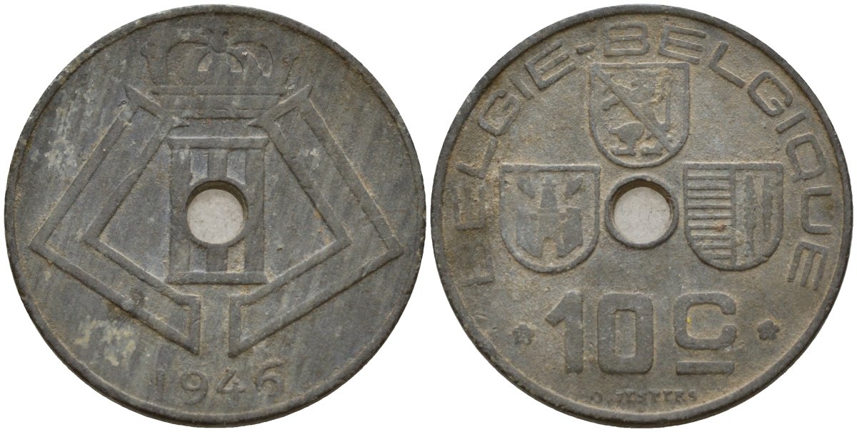 Бельгия 10 сантимов 1945 Belgie - Belgique, Леопольд III (1934-1947), германская оккупация, Вторая мировая война KM 126 цинк 4161-351