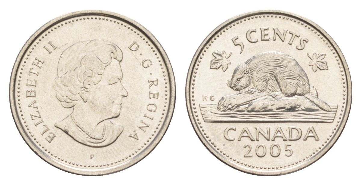 Канада 5 центов 2005 P, Елизавета II (1952-2022), бобр KM 491 сталь плакированная никелем UNC 4630-757