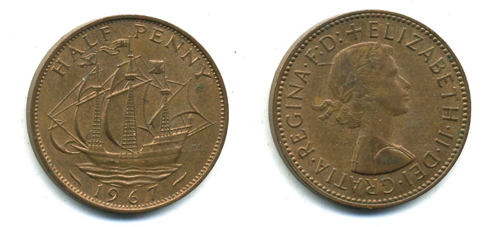Великобритания 1/2 пенни 1967 Елизавета II (1952-2022) KM 896, Spink 4158 бронза 58-413