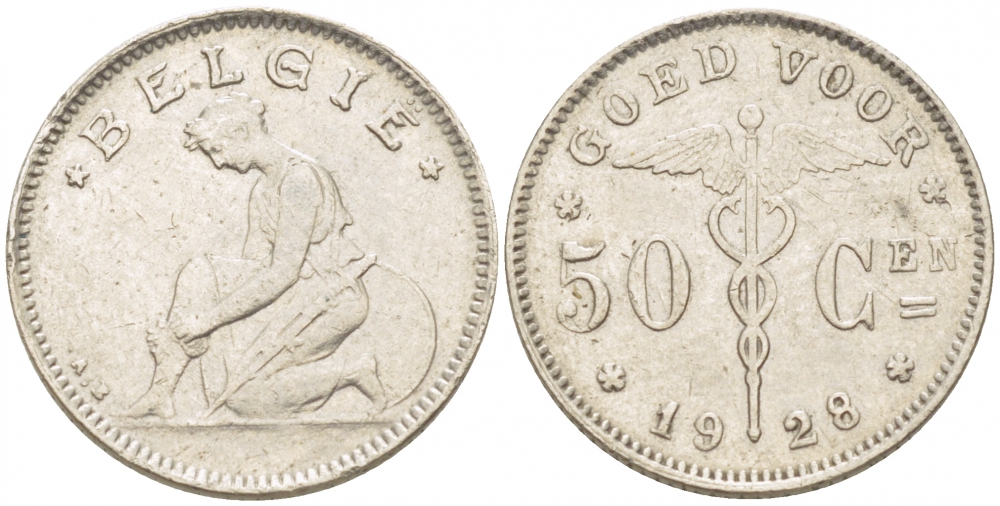 БЕЛЬГИЯ 50 САНТИМОВ 1928 BELGIE KM 88 никель 261-1159