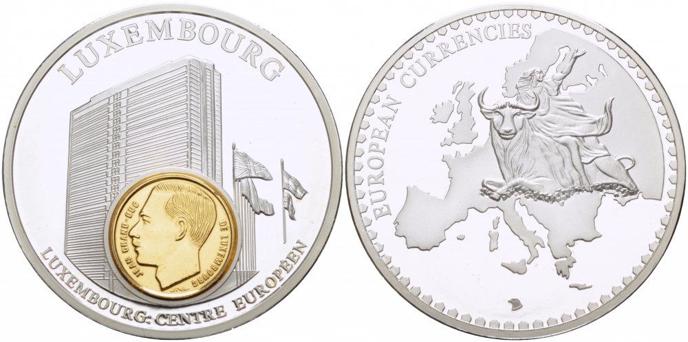 ЛЮКСЕМБУРГ МЕДАЛЬ С МОНЕТОЙ ЕВРОПЕЙСКИЕ ВАЛЮТЫ, АРХИТЕКТУРА PROOF 01-240-14