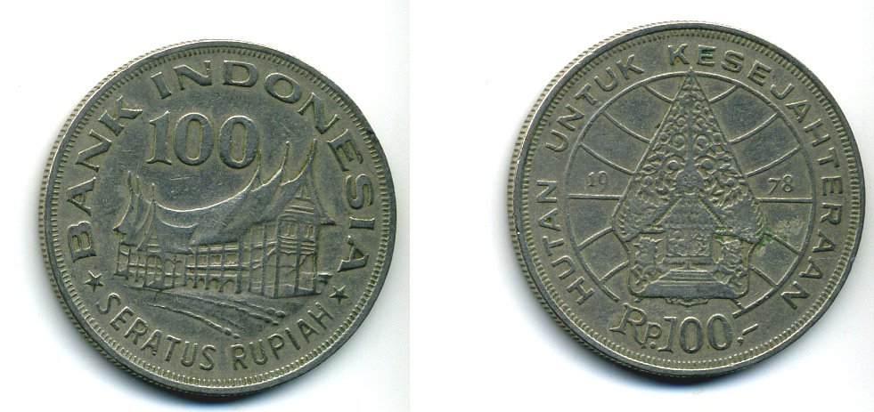 Индонезия 100 рупий 1978 хижина Минангкабау, легендарное Дерево Жизни KM 42 медно-никель 4364-2916
