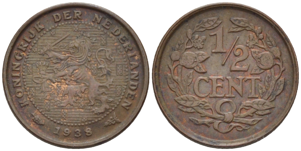 НИДЕРЛАНДЫ 1/2 ЦЕНТА 1938 ВИЛЬГЕЛЬМИНА (1890-1948) KM 138 бронза 39-239
