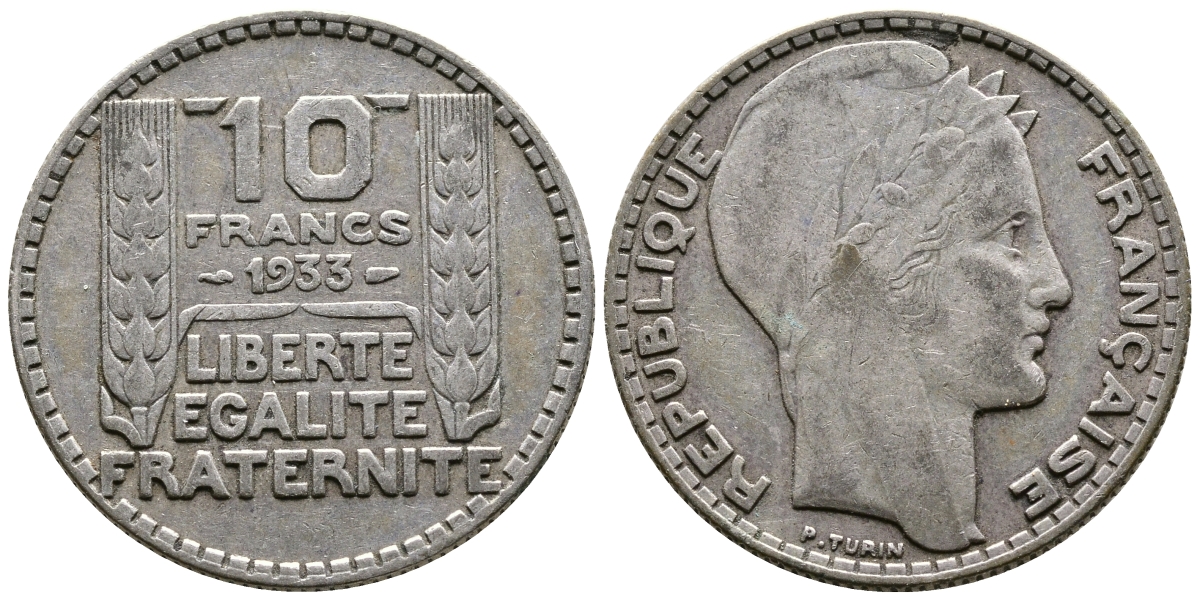 Франция 10 франков 1933 Пьер Тюрен KM 878, Le Franc 360.6 серебро 63-745