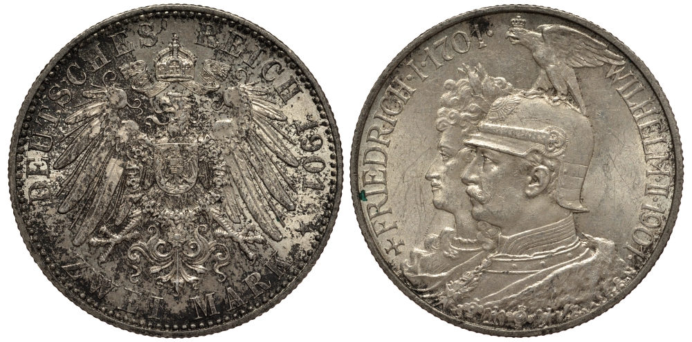 Пруссия 2 марки 1901 A, 200 лет Прусской королевской династии (Фридрих I - Вильгельм II) J.105, Weege 105, KM 525 серебро 3711-1122