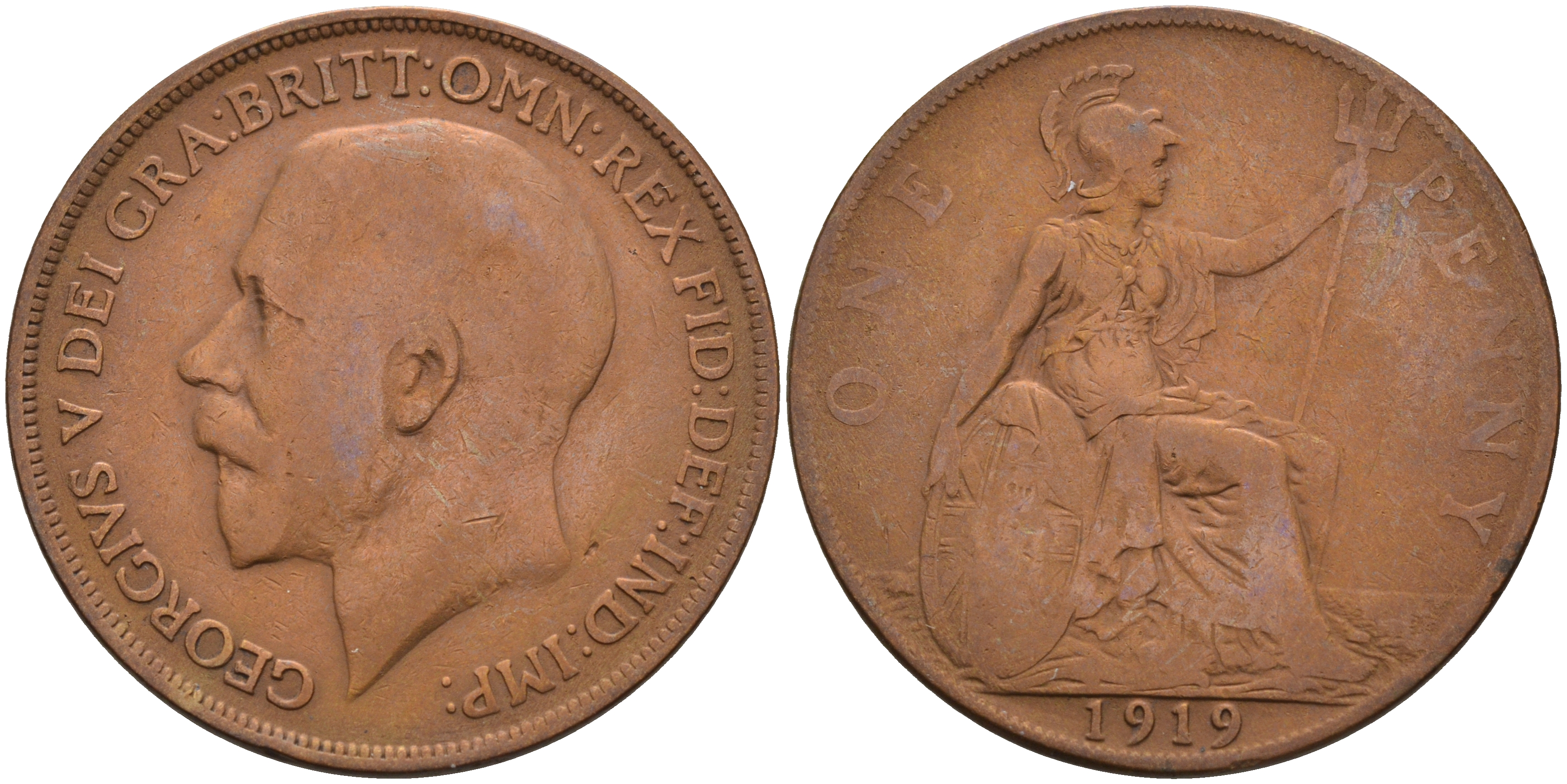 Великобритания 1 пенни 1919 Георг V (1910-1936) KM 810, Spink 4051 бронза 4593-212