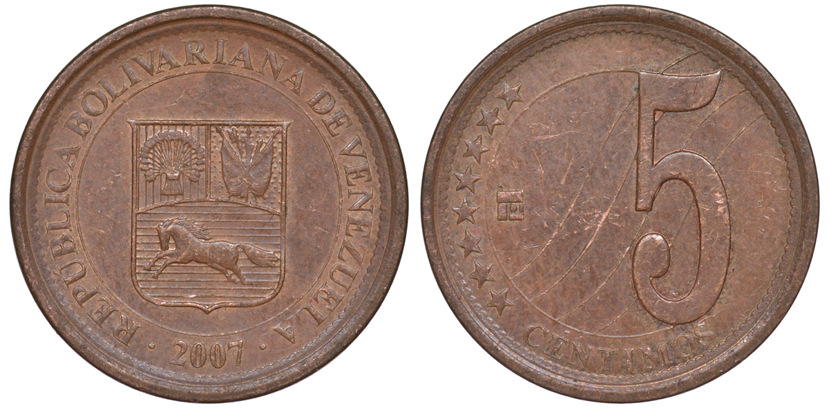 Венесуэла 5 сентимо 2007 KM 88 сталь плакированная медью 4594-367