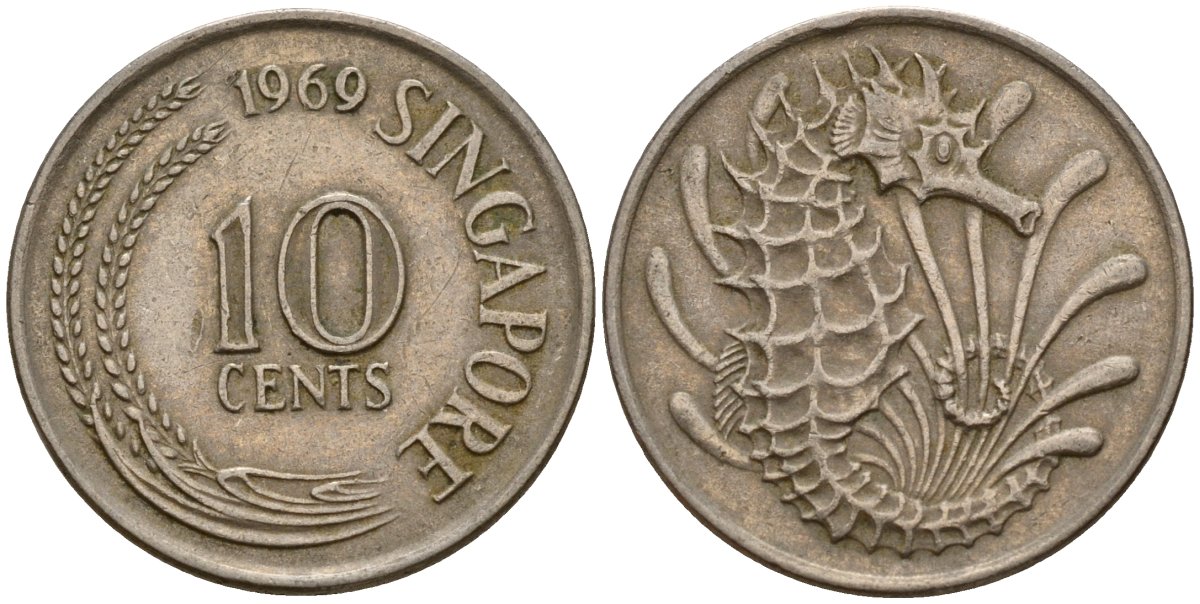 Сингапур 10 центов 1969 морской конек KM 3 медно-никель 4154-949