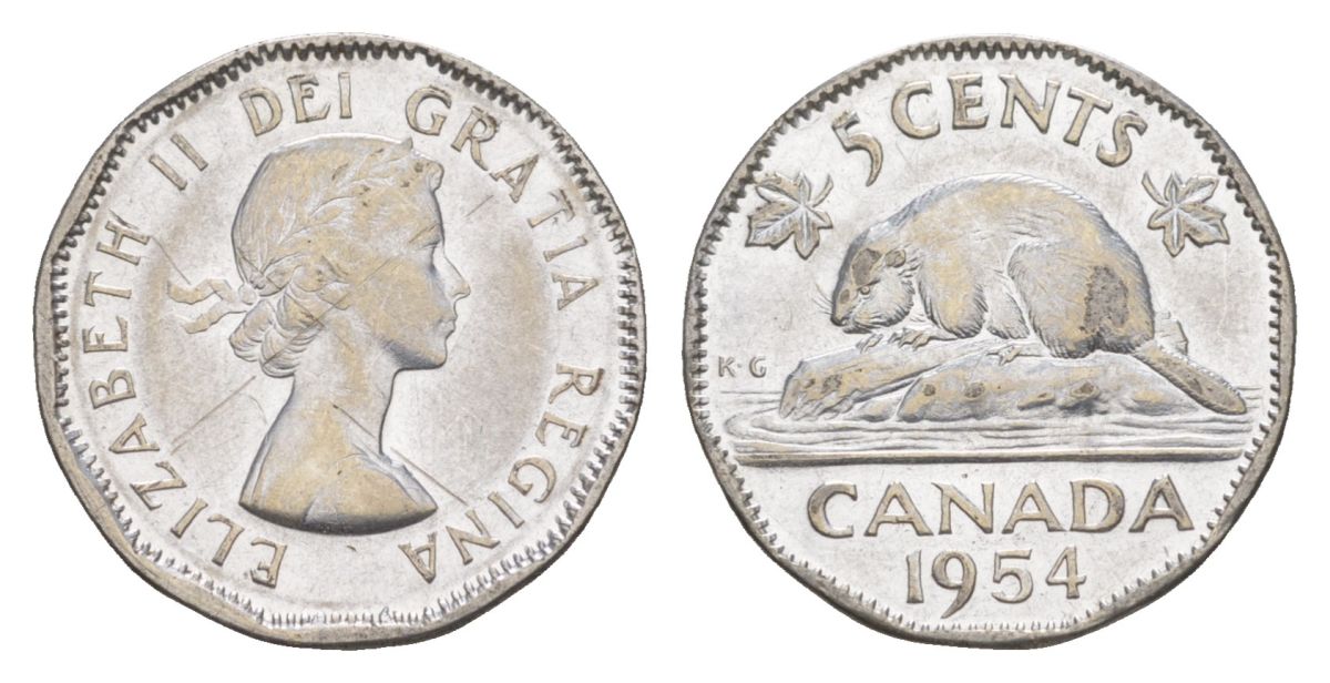 Канада 5 центов 1954 Елизавета II (1952-2022), бобр KM 50 хромированная сталь 4630-661