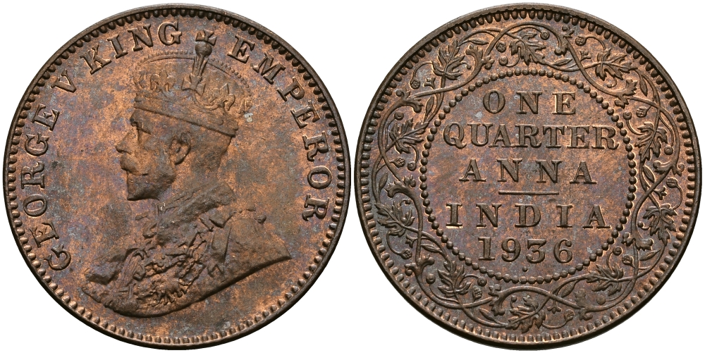 Британская Индия 1/4 анна 1936 Георг V (1910-1936) KM 512 бронза UNC 94-221